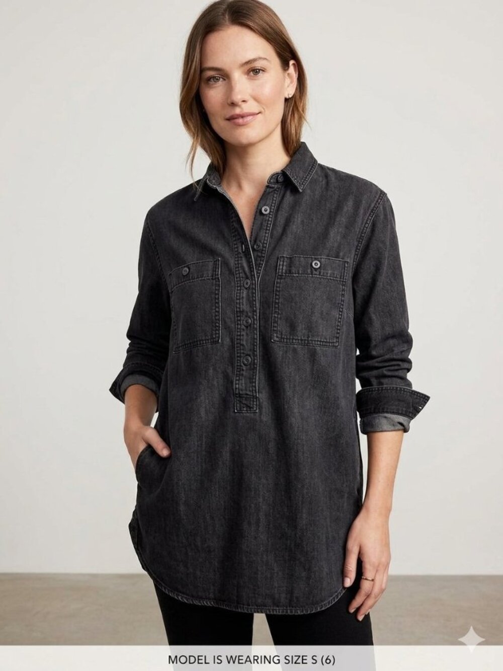 Madewell 100% cotton black/gray denim popover top, size XS